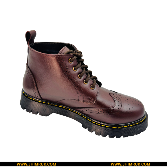 Dr.Martens Inspired Original Brogue Leather Ankle Lace Up Double Sole Cherry Brown Boot - Size 40X44