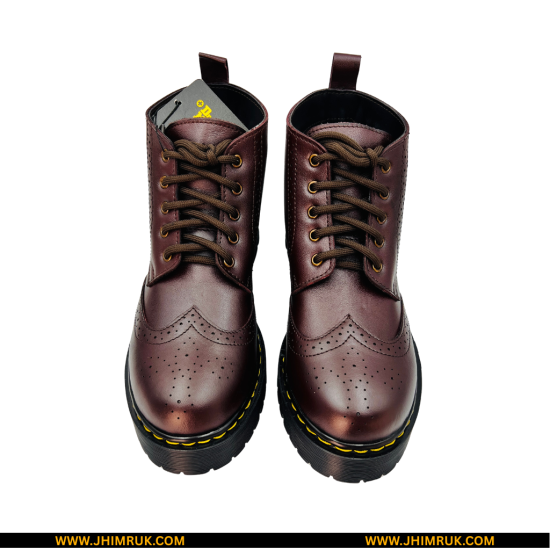 Dr.Martens Inspired Original Brogue Leather Ankle Lace Up Double Sole Cherry Brown Boot - Size 40X44