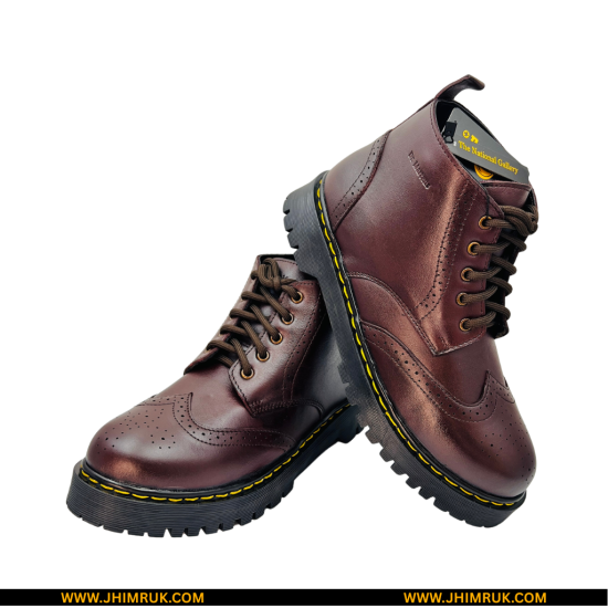 Dr.Martens Inspired Original Brogue Leather Ankle Lace Up Double Sole Cherry Brown Boot - Size 40X44