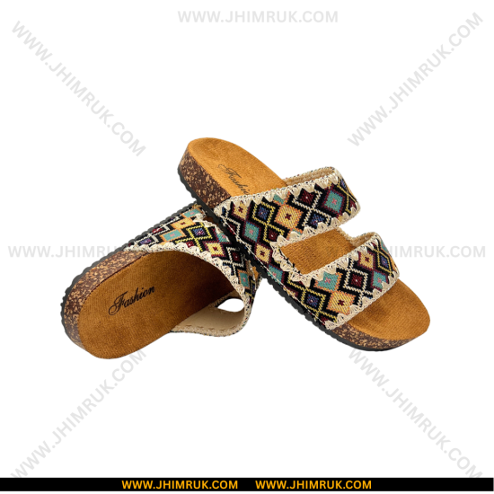 Sandals for ladies in beautiful color in Nepali Yellow with Green Dhaka Pattern, Size 36x39